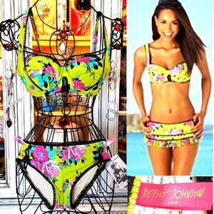 Vintage Betsey Johnson Bikini Gypsy Rose Swim Green Pink Floral Black Lace S XS